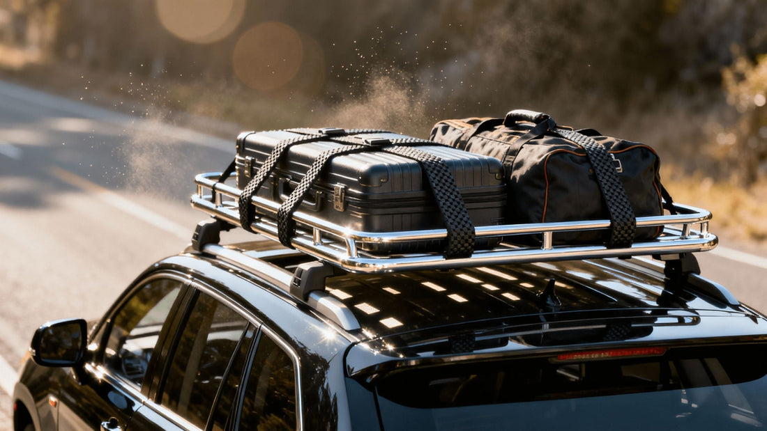 Schwarzer SUV mit Dachträger und Gepäck